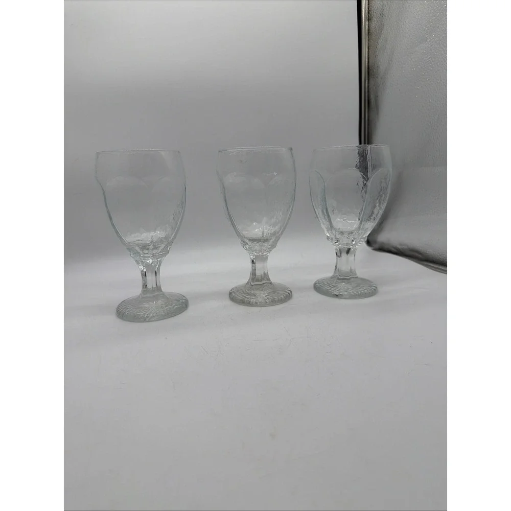 Vintage Clear Textured Glass Goblets Set of 3 Bark Base Paneled Water Wine 6.25